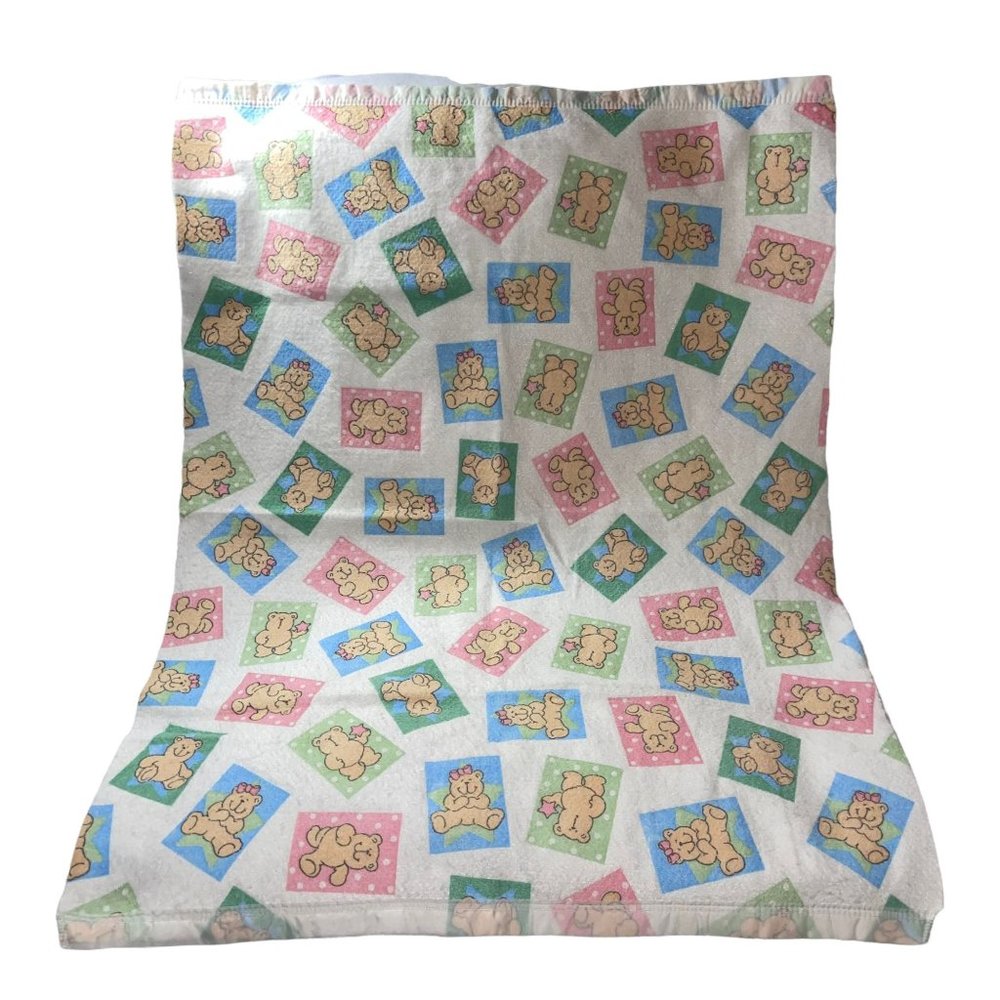 Vintage 1980's Satin Trim Colorful Bear Acrylic Toddler Blanket Throw Unisex